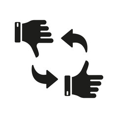 Obraz premium Thumbs Up And Down With Arrows Solid Icon. Feedback, Opinion Exchange, And Decision-Making Silhouette Symbol. Communication And Evaluation Process. Isolated Vector Illustration
