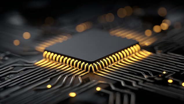 A close-up, dimly lit image reveals a microchip at the center, illuminated edges and circuit traces emanating outwards