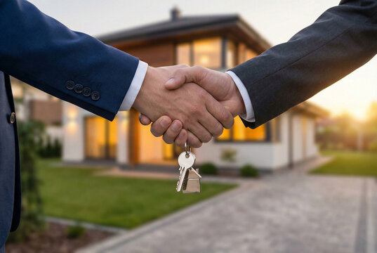 Two businessmen shaking hands in front of a modern house at sunset