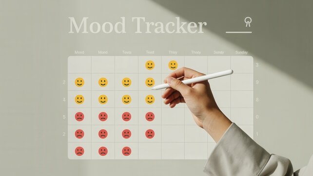 A hand holding a white stylus pen marks a mood tracker calendar with smiley face emojis on a gray background with sunlight