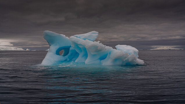 Sunrise, Charcot Bay Zodiac cruise Antartica with lots of icebergs