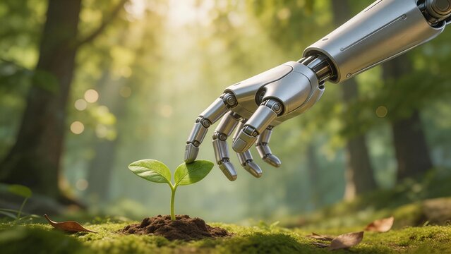 Robot hand nurturing plant in forest