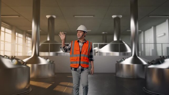 Front View of Asian Male Engineer Waving Hand Saying Bye While Walking at Modern Stainless Steel Brewing Vats in Large Scale Beer Manufacturing Plant