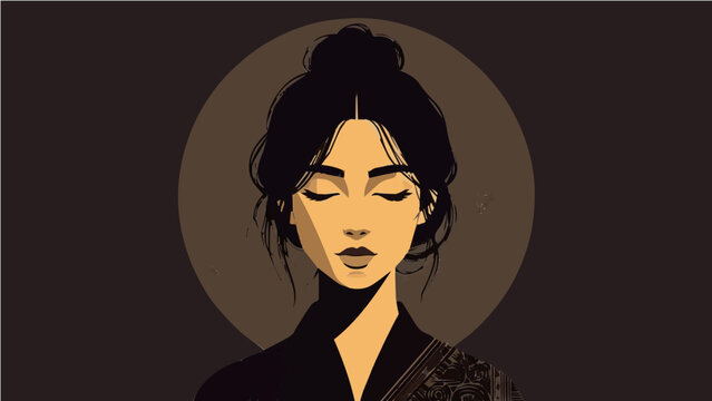 Stylized vector portrait of woman with dark hair in bun and gold earrings on dark circular background