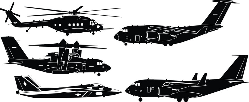 aircraft, helicopter, plane, military, aviation, transport, cargo, silhouette, vector, black, isolated, aircrafts, airforce, warplane, modern, military aircraft, cargo plane, transport aircraft, comba