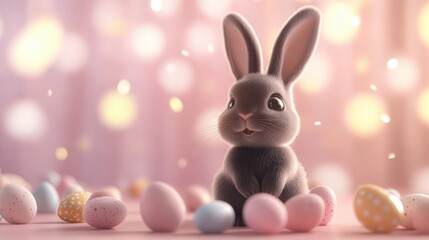 Fototapeta premium Cute bunny surrounded by colorful Easter eggs on soft pastel background with glowing bokeh. Adorable spring holiday scene perfect for celebration, greeting cards and festive seasonal design