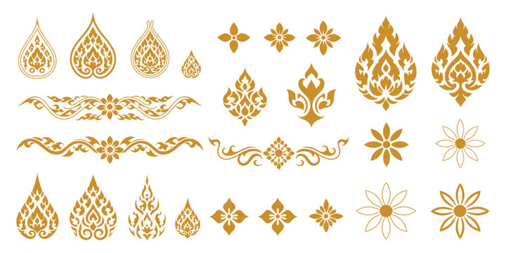 Thai decorative graphic elements vector collection featuring golden lotus, flame motifs, Kanok patterns and floral ornaments for traditional design, cultural branding and luxury artwork