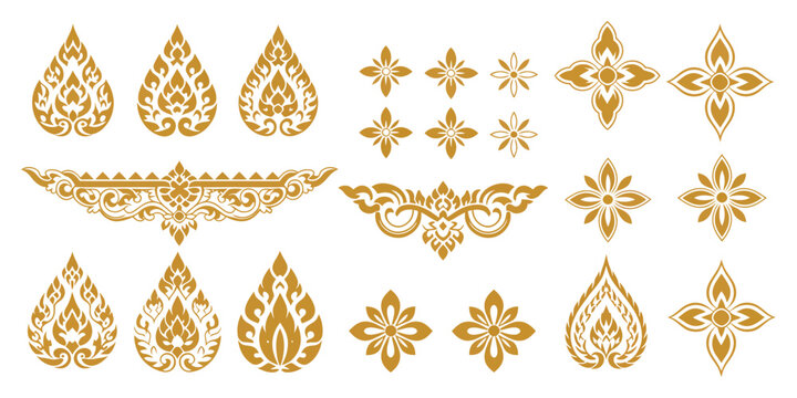 Thai decorative graphic elements vector collection featuring golden lotus, flame motifs, Kanok patterns and floral ornaments for traditional design, cultural branding and luxury artwork