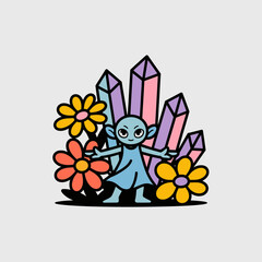 Fototapeta premium Blue Alien Character Surrounded by Colorful Crystals and Flowers
