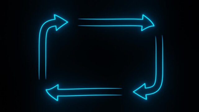 cyan neon glowing four arrows rectangle cycle rotating seamless loop animation on black background