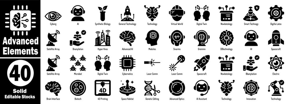 Advanced elements and technology solid icons. Featuring artificial intelligence, robotics, and futuristic bioengineering elements for professional developers, vector illustration.