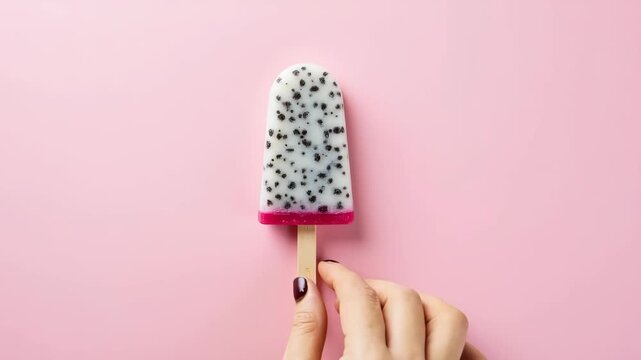 Dragon fruit popsicle on a wooden stick over pink background, creative summer food concept and healthy fruit dessert. 
