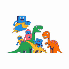 Obraz premium Robots Riding Dinosaurs in Cartoon Style