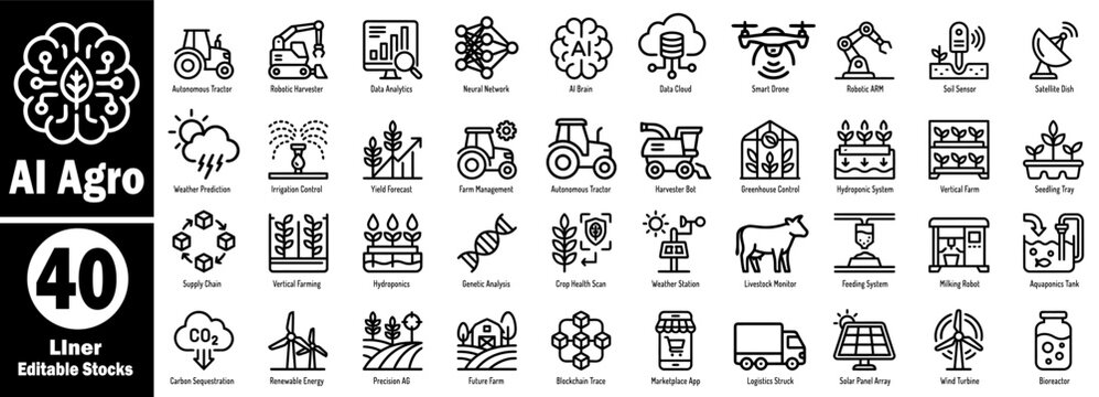 Ai agro 40 liner editable stocks. Featuring an autonomous tractor, robotic harvester, GIS analysis, neural network, AI brain, data cloud, smart drone, and robotic arm vector illustration.