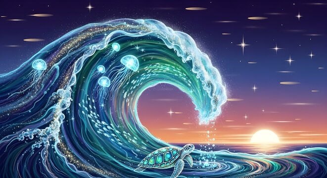 Glowing ocean wave crashing at sunset