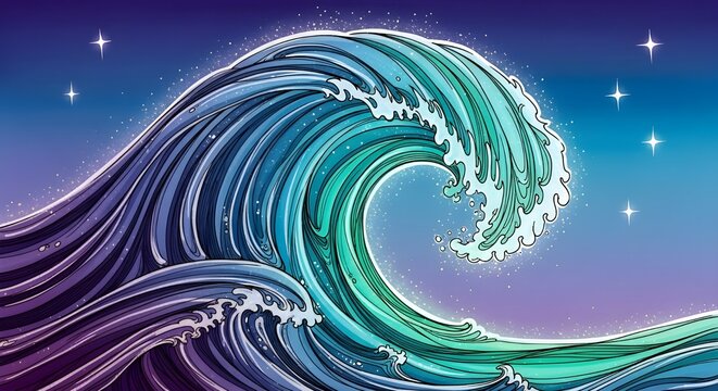Glowing ocean wave under starry night sky