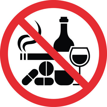 No substance abuse icon set illustration, prohibition symbols for drugs alcohol smoking for health awareness, prevention and safety messaging.