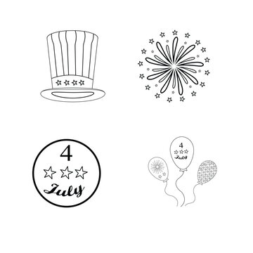 Set of hand drawn fourth of july independence day icons including uncle sam hat and fireworks
