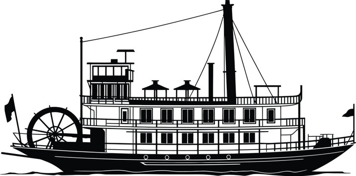 Paddlewheel riverboat illustration, vintage steamship historic transport for retro travel adventure nautical design and classic river navigation theme.