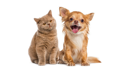 Obraz premium Happy long haired chihuahua dog panting and British shorthair cat together, isolated on white