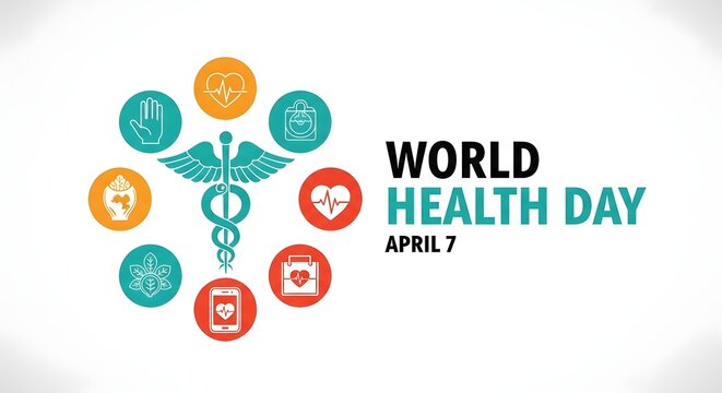 World health day logo with rod of asclepius and medical icons
