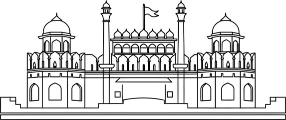 Obraz premium Red fort icon delhi landmark architectural line drawing illustration of indian monument