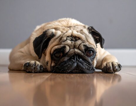 Tired pug resting head on shiny wood floor against a pale gray wall in soft lighting