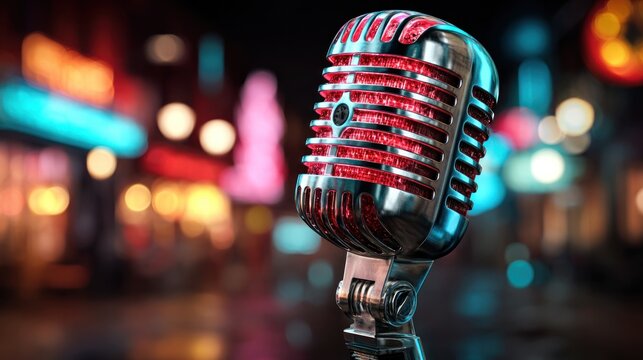 Vintage Chrome Microphone on Stage with Vibrant Blurred Bokeh Lights, Evoking Live Music and Entertainment