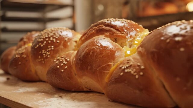 Freshly baked bread rolls with golden crust in bakery. Delicious pastry showcases warm colors and inviting atmosphere. Aroma of baked goods fills air, enticing customers.