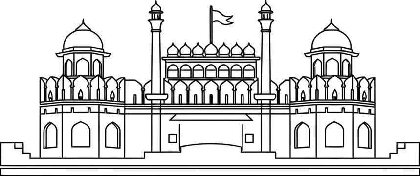 Red fort icon delhi landmark architectural line drawing illustration of indian monument