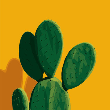 Nopal cactus pads growing with vibrant yellow background. Nopal cactus pads featuring simple graphic shape and casting shadow on yellow wall