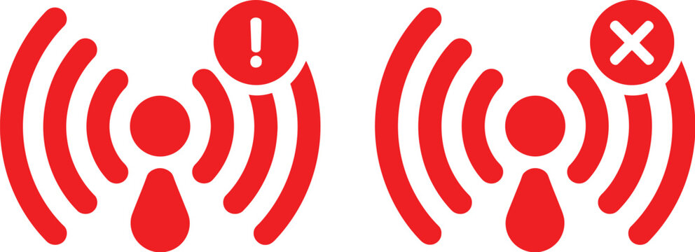 No internet wifi icons illustration, wireless signal with prohibition symbol showing connection problems, offline status, and network issues.