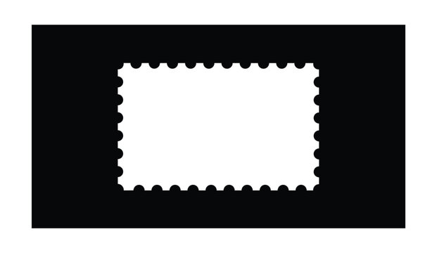 A blank white postage stamp on a black background