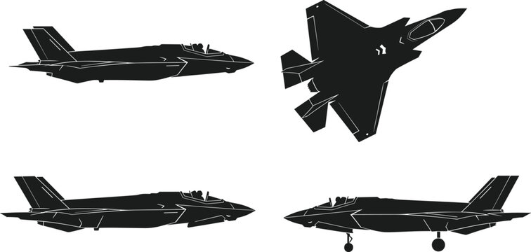 Modern stealth fighter jet silhouettes set, military aircraft vector illustration, multiple angles side top landing views, aviation design isolated black shapes
