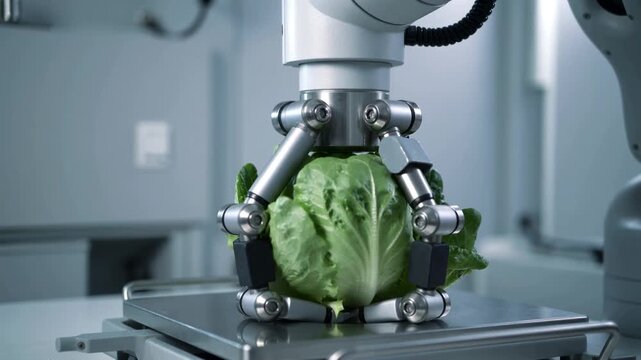 Gentle robotic arm precisely manipulates a vibrant head of lettuce, showcasing the future of automated food handling in a pristine environment