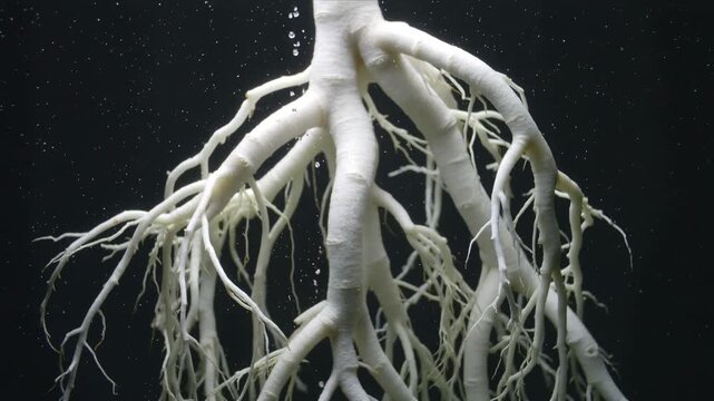 Intricate white root system immersed in a dark, shimmering liquid, touched by falling droplets
