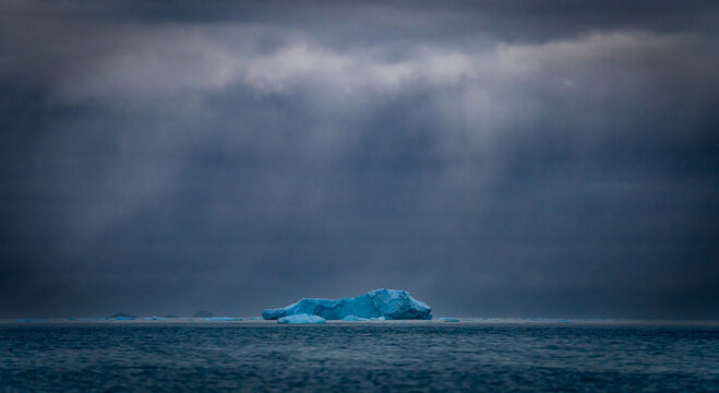 Sunrise, Charcot Bay Zodiac cruise Antartica with lots of icebergs