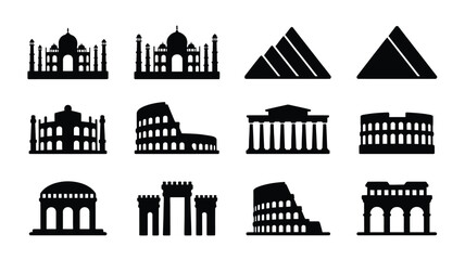 Obraz premium Collection of iconic black silhouette monument and landmark illustrations on white background