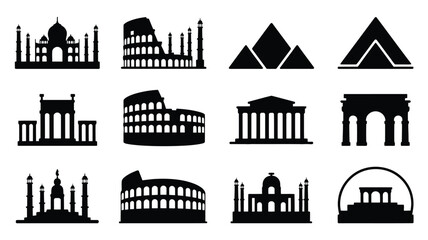 Fototapeta premium Collection of iconic black silhouette monument and landmark illustrations on white background