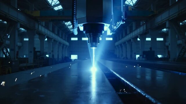 Shimmering blue laser beam meticulously carves through robust metal, casting dazzling sparks across a grand manufacturing hall