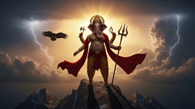 4k cinematic warrior Ganesha with trident lightning storm