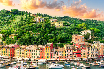 Fototapeta premium beautiful landscape of luxury resort Portofino in Luguria , Italy. Sea coast of elite italian resort during sunset or sunrise. Beautiful bay with buildings and green mountain forest.