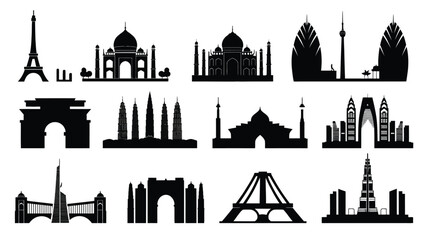 Collection of iconic world monument and building silhouettes in black on white background for design © Somiran
