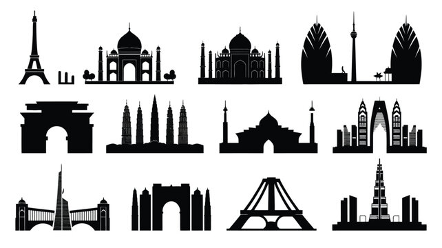 Collection of iconic world monument and building silhouettes in black on white background for design