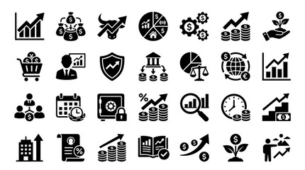 Fototapeta premium Collection of business and finance icons representing growth investment strategy and financial success with charts graphs and money symbols