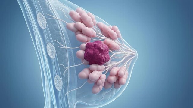 Medical 3D animation of a malignant tumor in breast tissue, cross-section showing anatomy of mammary glands and carcinoma for oncology education and cancer awareness footage.