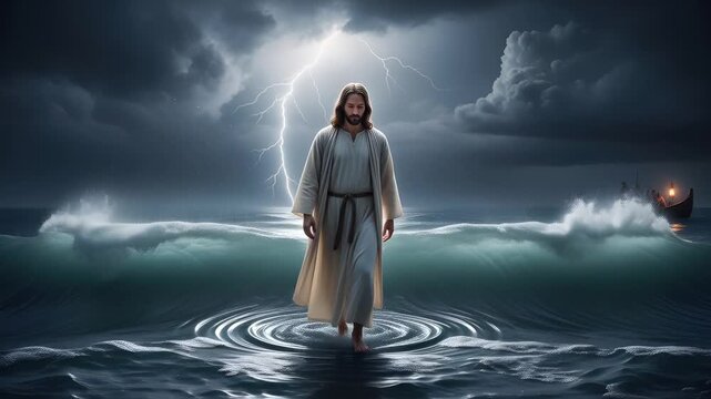 Cinematic divine light jesus walking on water 4k footage