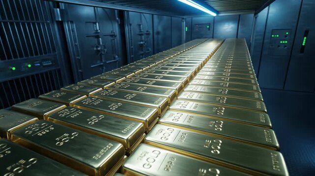 Cinematic footage of stacked gold bars inside a high-security bank vault with rows of bullion ingots on metal shelves under blue industrial lighting, representing wealth and finance.