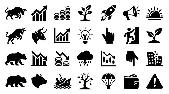 Collection of financial and business icons representing growth decline success failure and investment concepts with bulls bears charts and money symbols