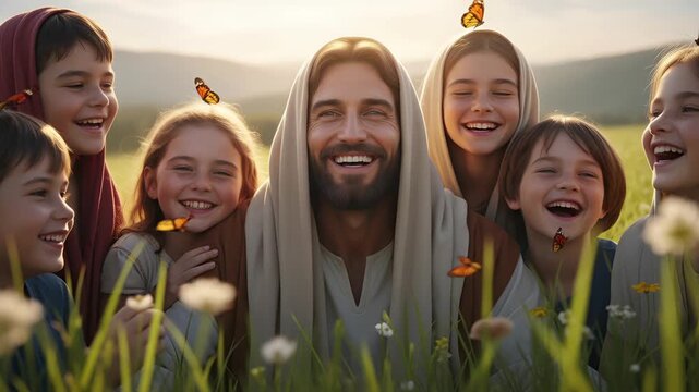 Magical time of Jesus with childrens and butterfly